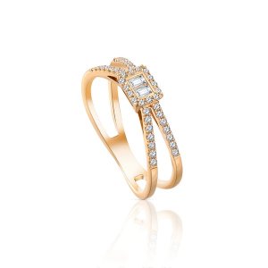 Double Layered with Baguette Center Stone Unique Ring in 24k Rose Gold - cn-1361-r