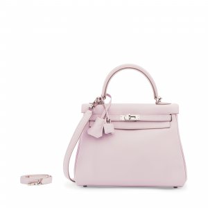 A ROSE DRAGÉE SWIFT LEATHER RETOURNÉ KELLY 25 WITH PALLADIUM HARDWARE